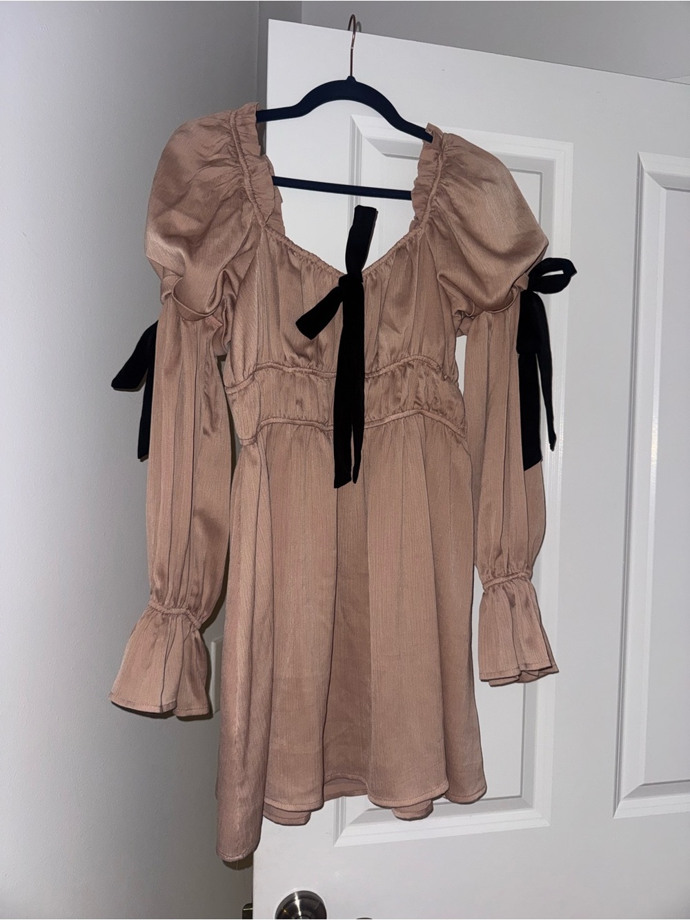 Lulu's Dusty Rose Puff Sleeve Mini Dress with Black Bows Small